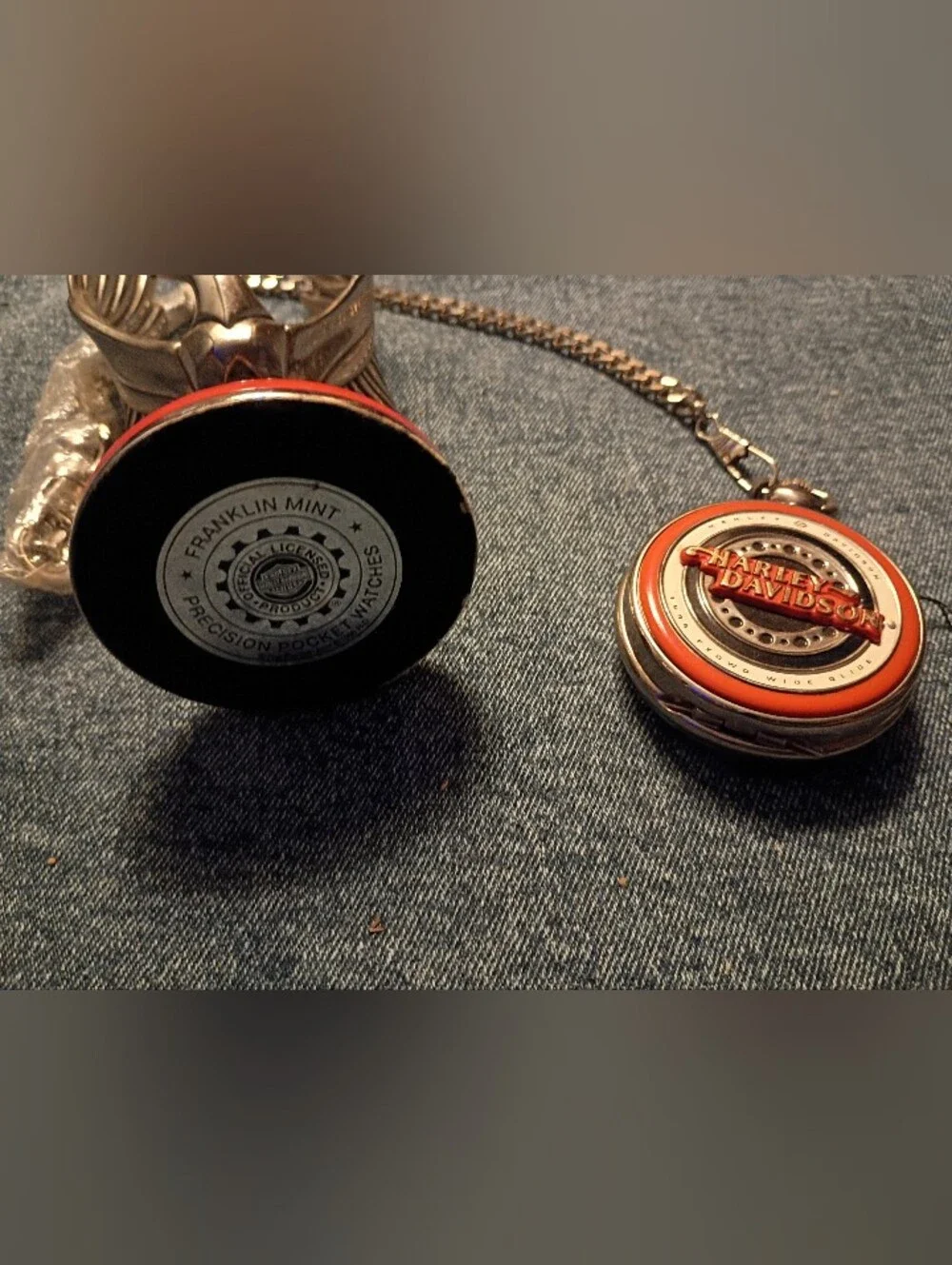 Harley-Davidson Orange and Silver Pocket Watch with Chain And Eagle Stand